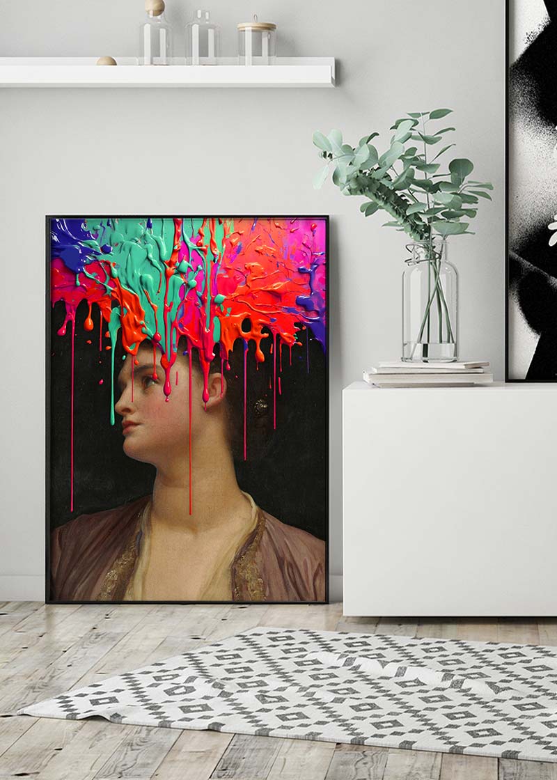 Multicolour Gloopy Paint Drip Funky Female Portrait Print