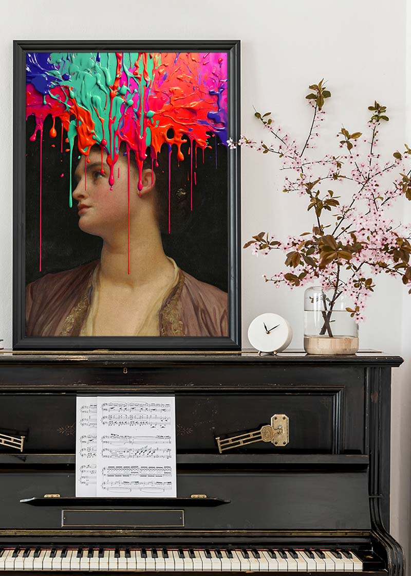 Multicolour Gloopy Paint Drip Funky Female Portrait Print