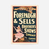 Vintage Forepaugh & Sells circus poster with a tiger above bold lettering and a rider in pink on horseback