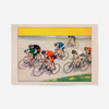 Vintage cycling print of seven bicyclists racing round a velodrome track in 1897, lithograph style illustration