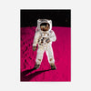 Astronaut on a vivid pink moon surface under a starry black sky, space collage art print in portrait