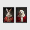 Set of 2 framed prints, animals in festive Christmas dress: a rabbit in a festive red robe; and a polar bear in a full Santa costume — unframed