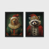 Set of 2 framed prints, animals in festive Christmas dress: a bear in a festive green and gold robe with a fur-trimmed hat; and a raccoon in a festive red robe with a crown hat — unframed