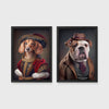 Set of 2 framed prints, dogs in period/character dress: a dachshund in noble red velvet dress and a hat; and an English bulldog in a tweed suit and hat — unframed