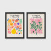 Set of 2 framed prints, illustrated fruit and flower patterns: "Legumes et Fruits" illustrated fruit and vegetable pattern; and "Saison du Marché" pink flower illustration — unframed