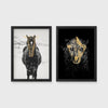 Set of 2 framed prints, animals with gold-painted highlights: a black and white horse in snow with gold-painted highlights; and a black leopard portrait with gold facial markings on black — unframed