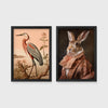 Set of 2 framed prints, animals in soft pastel tones: a heron illustration in a soft peach palette with florals; and a hare in a peach-toned noble collar — unframed