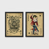 Set of 2 framed prints, vintage oversized playing cards: an ornate Ace of Spades; and a Joker — unframed
