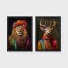 Set of 2 framed prints, animals in rainbow bohemian robes: a lion in a rainbow turban and robe; and a stag wrapped in a rainbow scarf — unframed