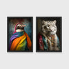 Set of 2 framed prints, animals in rainbow bohemian robes: a penguin wrapped in a rainbow robe and headscarf; and a snow leopard in a colourful robe with beads — unframed