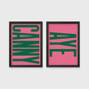 Set of 2 framed prints, Newcastle & Geordie dialect prints: the word "Canny" in bold green retro type on pink; and the word "Aye" in bold green retro type on pink — unframed