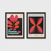 Set of 2 framed prints, modern graphic floral posters: "La Première Floraison" graphic flower illustration poster; and "Les Silhouettes" graphic butterfly gradient poster — unframed
