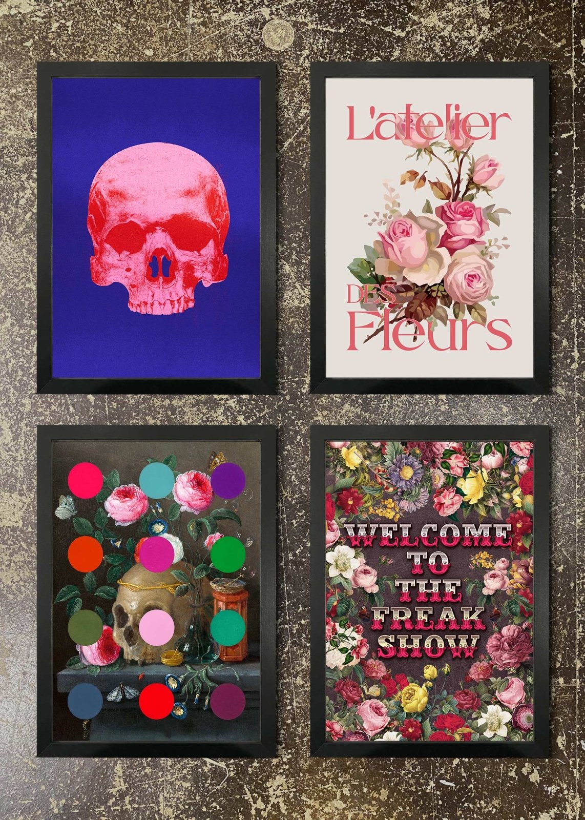 4 Prints & Frames - Warhol Skull, L'atelier, Dots, Freak Show