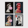 Set of 4 framed prints, classical portraits with playful modern alterations: a classical portrait wearing pink balloon bunny ears; the Mona Lisa with dripping gold paint; a classical female portrait with a pink smudge over the face; and a classical female portrait with a black bandana over the face — unframed