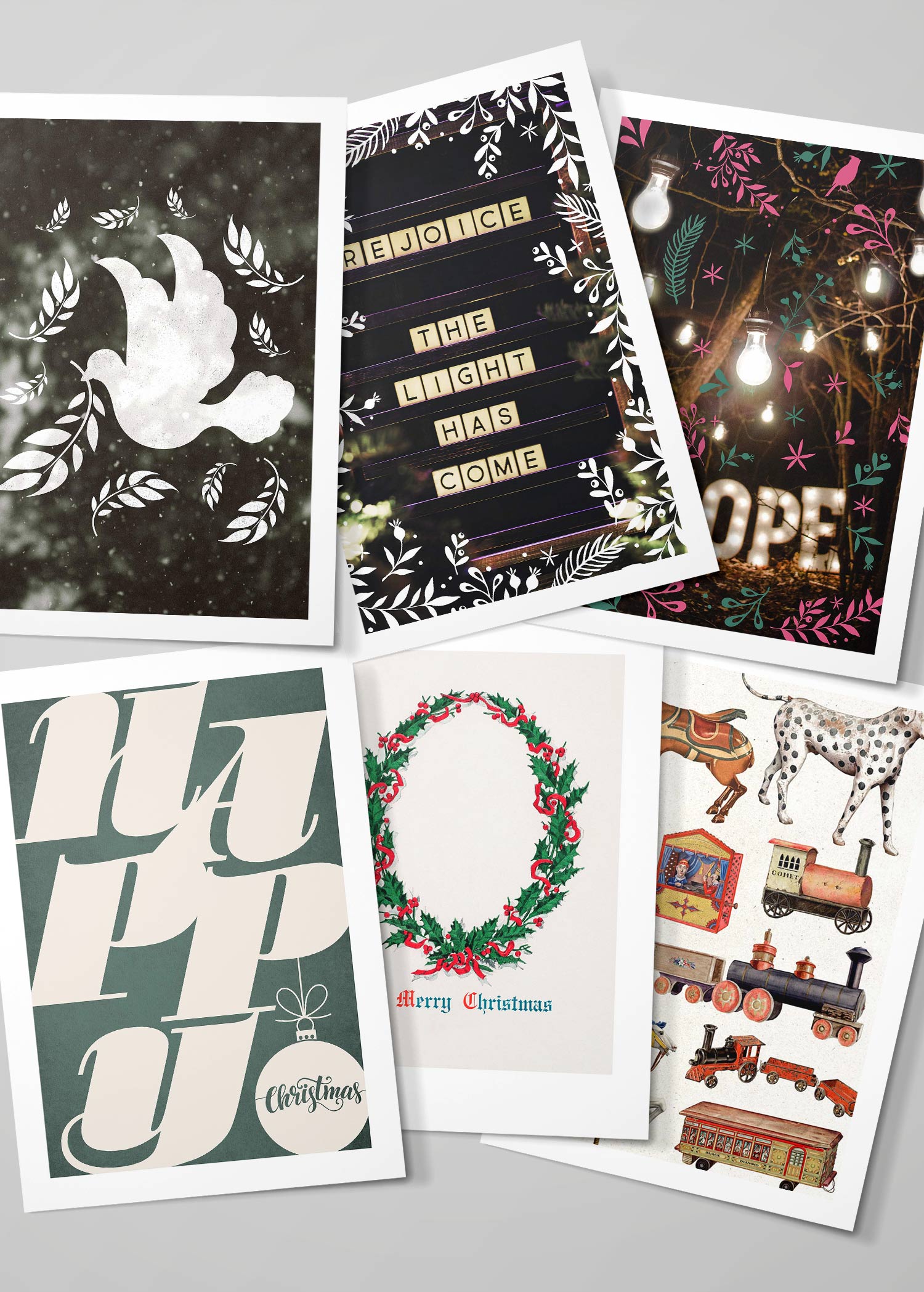 Christmas Card 6 Pack #11 (Dove, Rejoice Sign, Hope, Happy, Wreath, Toys)