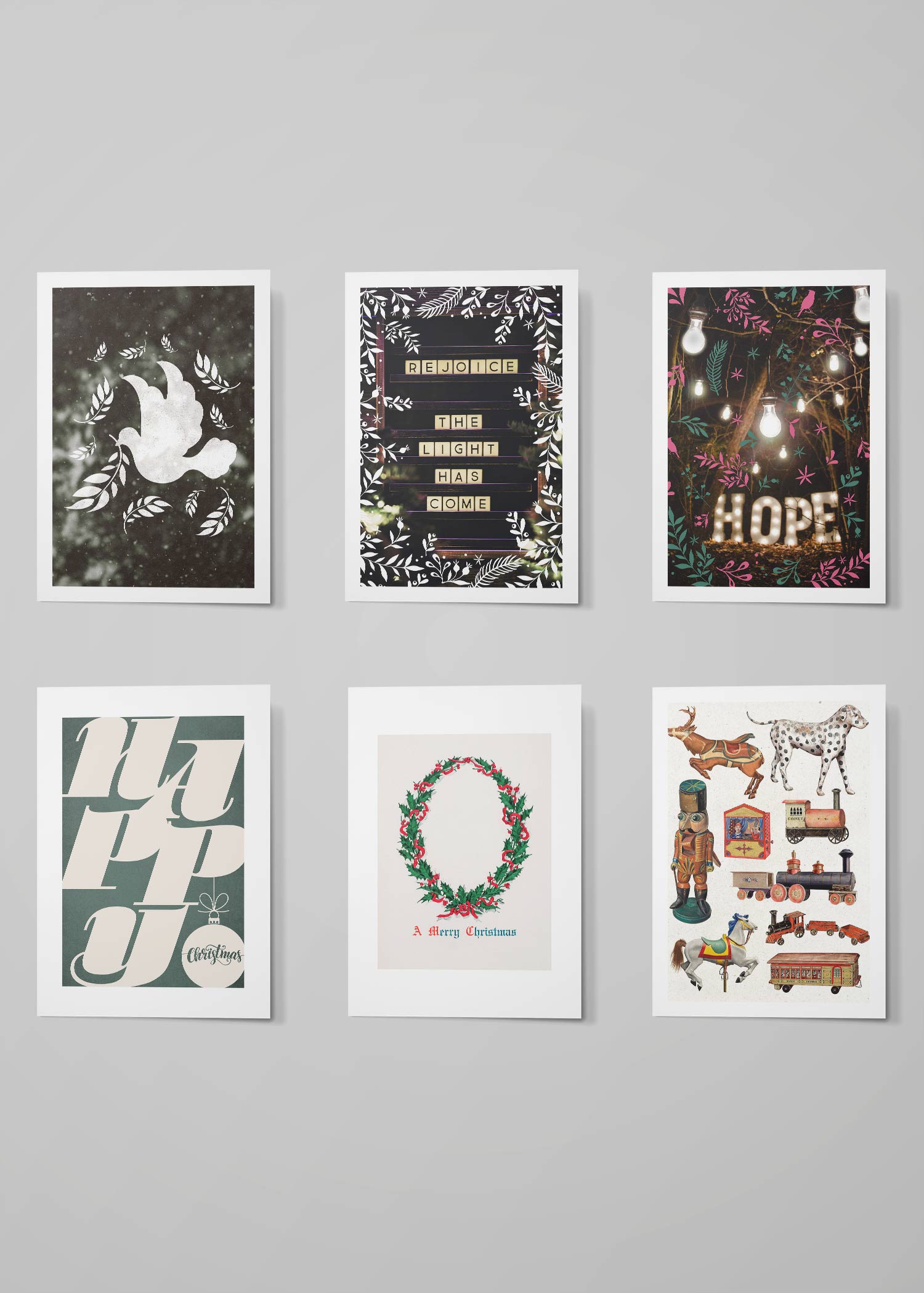 Christmas Card 6 Pack #11 (Dove, Rejoice Sign, Hope, Happy, Wreath, Toys)