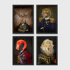 Set of 4 framed prints, animals in military/noble dress: a stag in a military-style uniform; a tiger in a military uniform with medals; a flamingo in a royal red robe; and a lion in ornate armour with a ruffed mane — unframed