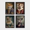 Set of 4 framed prints, animals in period noble dress: a fox in an Elizabethan ruff collar; a koala wearing a crown and royal robe; a tabby cat in a Renaissance lady's dress; and a stag in a blue military uniform — unframed