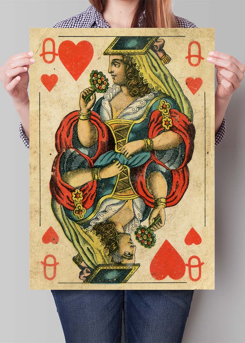 Vintage Playing Card Print - Queen of Hearts