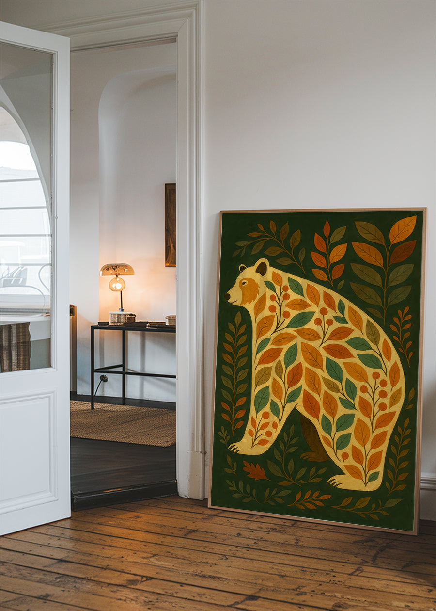 Dark green Bear Folk Art Painting Print