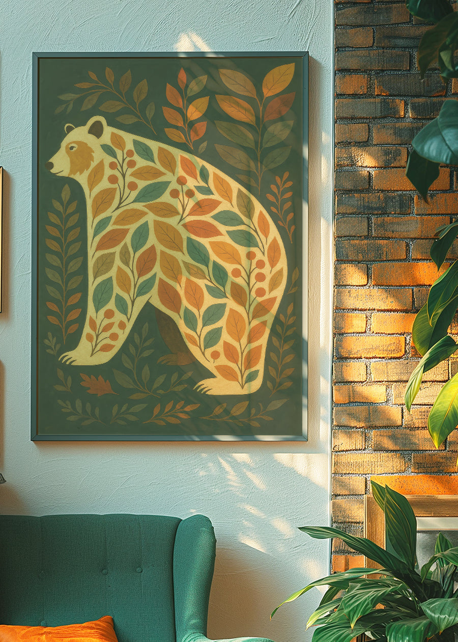 Dark green Bear Folk Art Painting Print