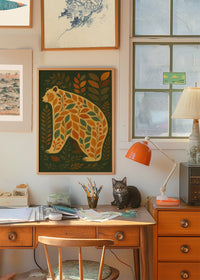 Dark green Bear Folk Art Painting Print
