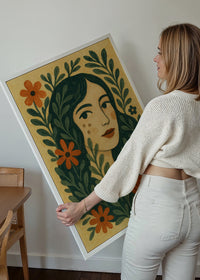 Girl and Leaves Folk Art Painting Print