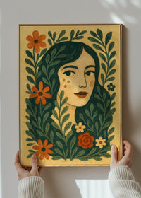 Girl and Leaves Folk Art Painting Print
