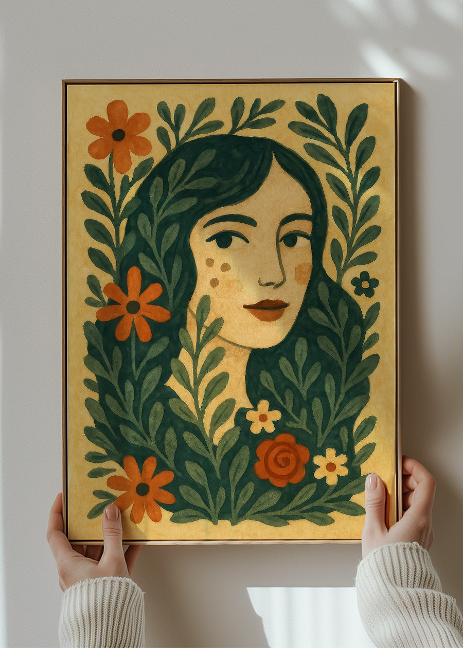 Girl and Leaves Folk Art Painting Print