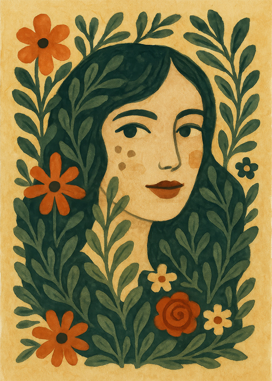 Girl and Leaves Folk Art Painting Print