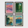 Set of 4 framed prints, Kawase Hasui Japanese woodblock prints: pink sunset over ocean waves and cliffs; a cedar forest path with a lone walker; boats moored on a canal at dawn beneath a cloud-streaked sky; and Mount Fuji glowing red at sunset, reflected in the water — unframed