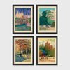Set of 4 framed prints, Kawase Hasui Japanese woodblock prints (landmarks): a red arched bridge beneath cascading wisteria and cherry blossom; the Great Buddha of Kamakura among pine trees; a stream through autumn foliage; and a red pagoda gate in an autumn forest — unframed