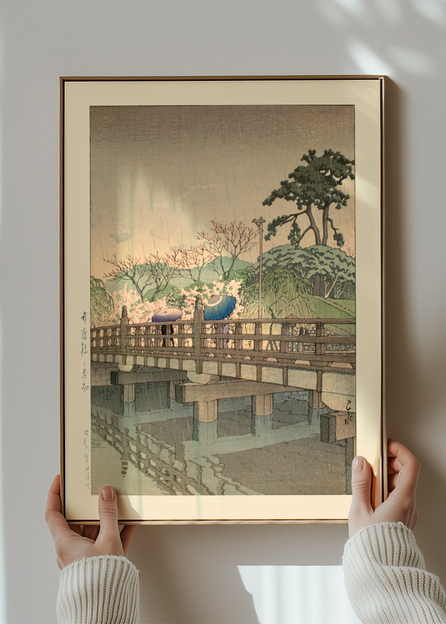 Spring Rain at Benkei Bridge Print by Hasui Kawase