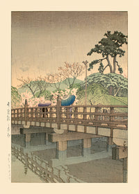 Spring Rain at Benkei Bridge Print by Hasui Kawase