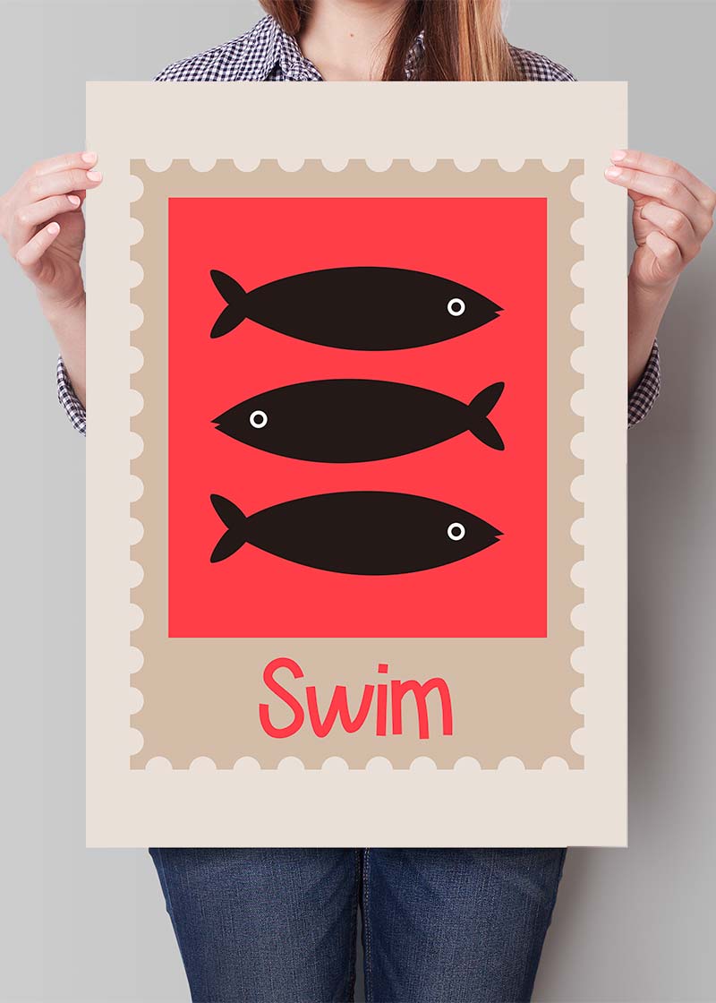 Swim Postage Stamp Style Kids Print