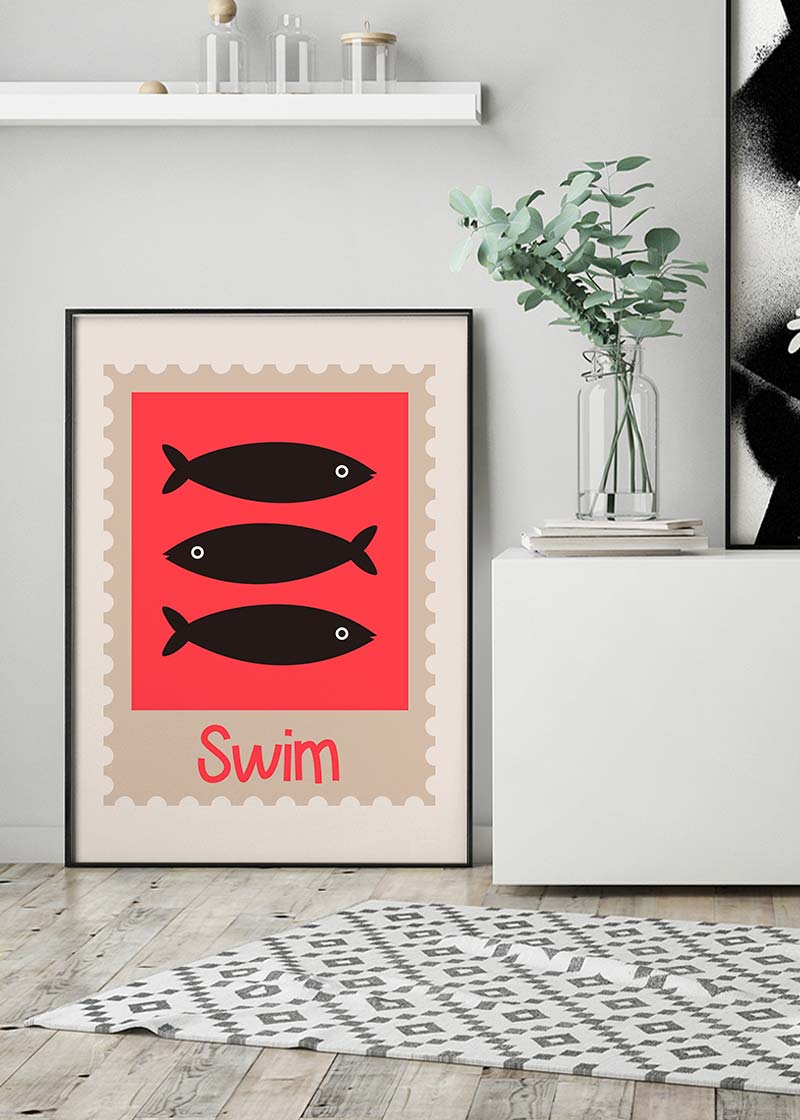 Swim Postage Stamp Style Kids Print