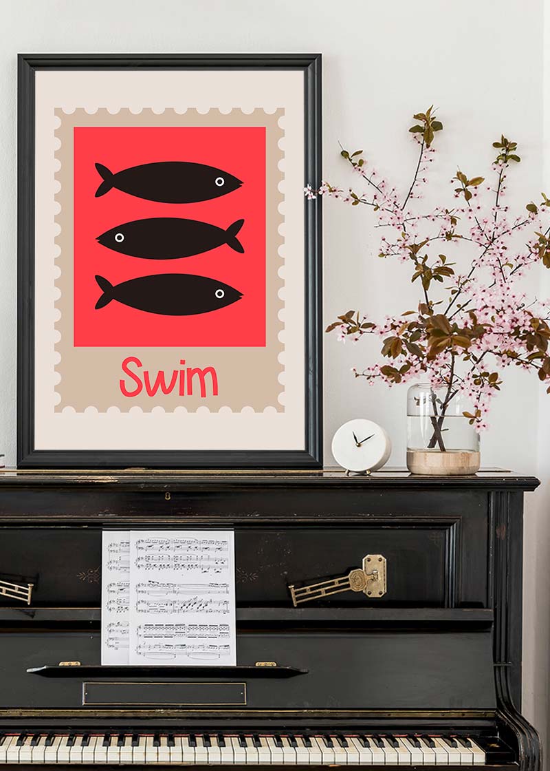 Swim Postage Stamp Style Kids Print