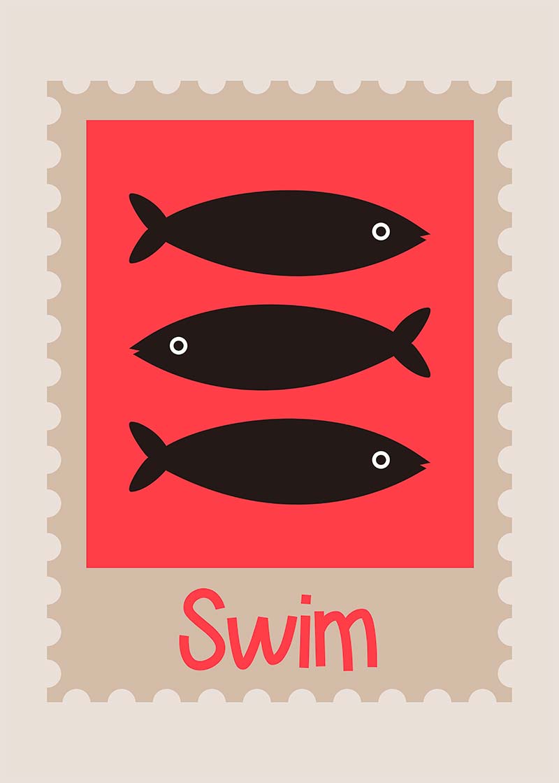 Swim Postage Stamp Style Kids Print