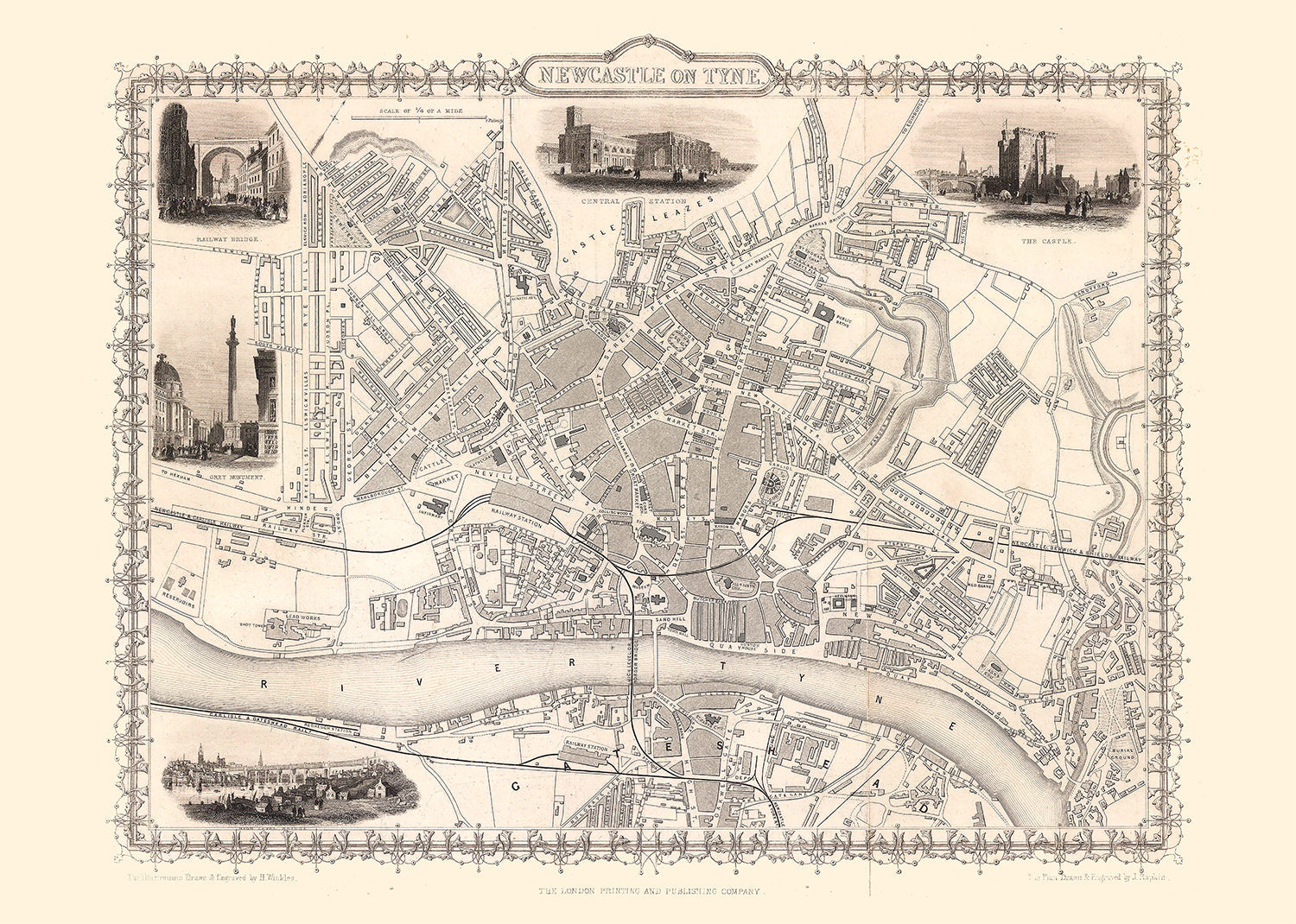 Vintage Newcastle Upon Tyne Landscape Map Print