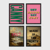 Set of 4 framed prints, Newcastle & Geordie dialect prints: the word "Canny" in bold green retro type on pink; the Geordie slogan "Shy Bairns Get Nowt" in bold retro type on pink; "It's Mint Up North" over a coastal landscape; and "Made in the North" over a coastal castle landscape — unframed
