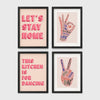 Set of 4 framed prints, famous artist exhibition posters: a William Morris floral pattern exhibition poster ("W. Morris"); a Warhol flower exhibition poster ("Warhol"); a Rousseau jungle painting exhibition poster ("Rousseau"); and a Picasso abstract exhibition poster ("Picasso") — unframed