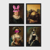 Set of 4 framed prints, classical art with pop-culture twists: the Mona Lisa with "Blah Blah Blah" pop-art text; Monet's water lily bridge with "Show Me The Monet" text; Girl with a Pearl Earring blowing pink bubblegum; and a classical portrait styled as a "Rogue" magazine cover — unframed