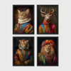 Set of 4 framed prints, animals in rainbow bohemian robes: a cat in a rainbow-striped robe; a stag in a rainbow-striped robe; a tiger in a rainbow-striped robe; and a lion in a rainbow-striped robe with a feathered headpiece — unframed