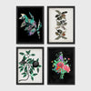 Set of 4 framed prints, flower market pattern prints: a "London Flower Market, New Covent Garden" pink floral pattern; a "The New London Flower Market, Covent Garden" red floral pattern; a "Tokyo Flower Market" green floral pattern; and a "Madrid Flower Market" blue floral pattern — unframed