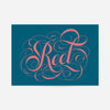 Reet typography print: swirly coral-pink calligraphy lettering with flourishes on a deep teal background