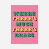 Where There's Muck There's Brass typography print in green and yellow ornate lettering on a pink background