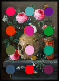 Modern Art Dots Still Life Skull and Flowers Altered Art Print