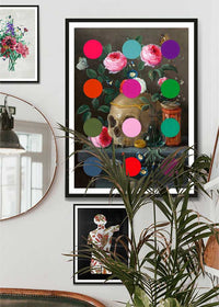 Modern Art Dots Still Life Skull and Flowers Altered Art Print