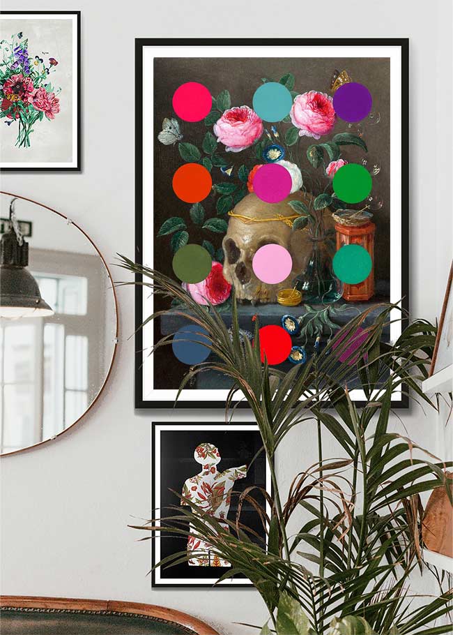 Modern Art Dots Still Life Skull and Flowers Altered Art Print