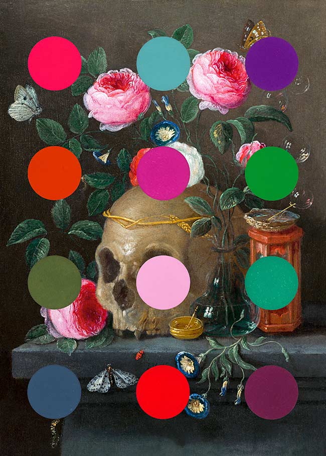 Modern Art Dots Still Life Skull and Flowers Altered Art Print